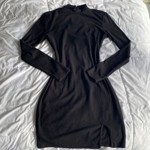 Tight bodycon mock neck black thigh slit short dress little black dress